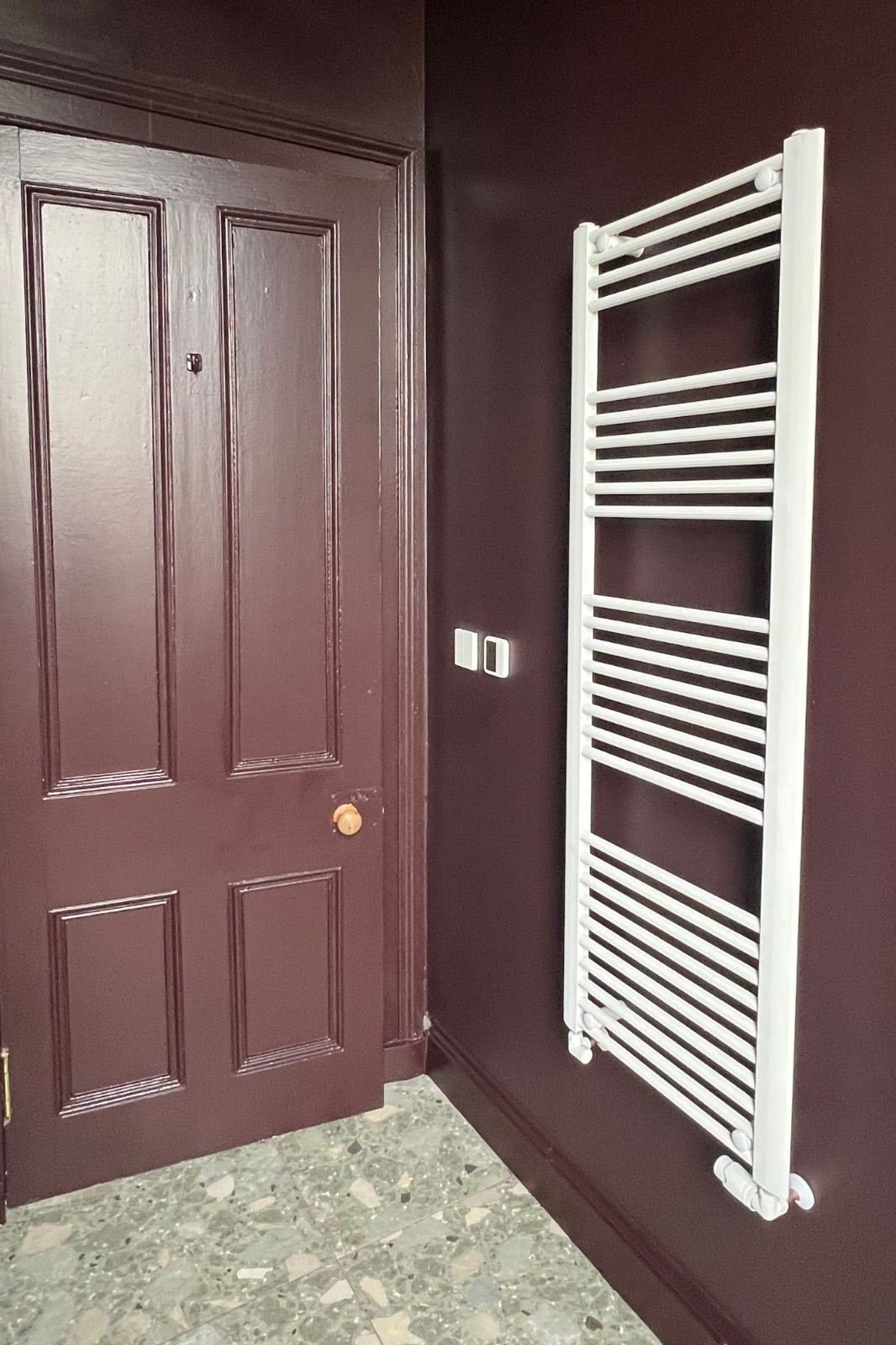 Modern heated towel radiator installed in converted shower room, Greenhill Place, Edinburgh