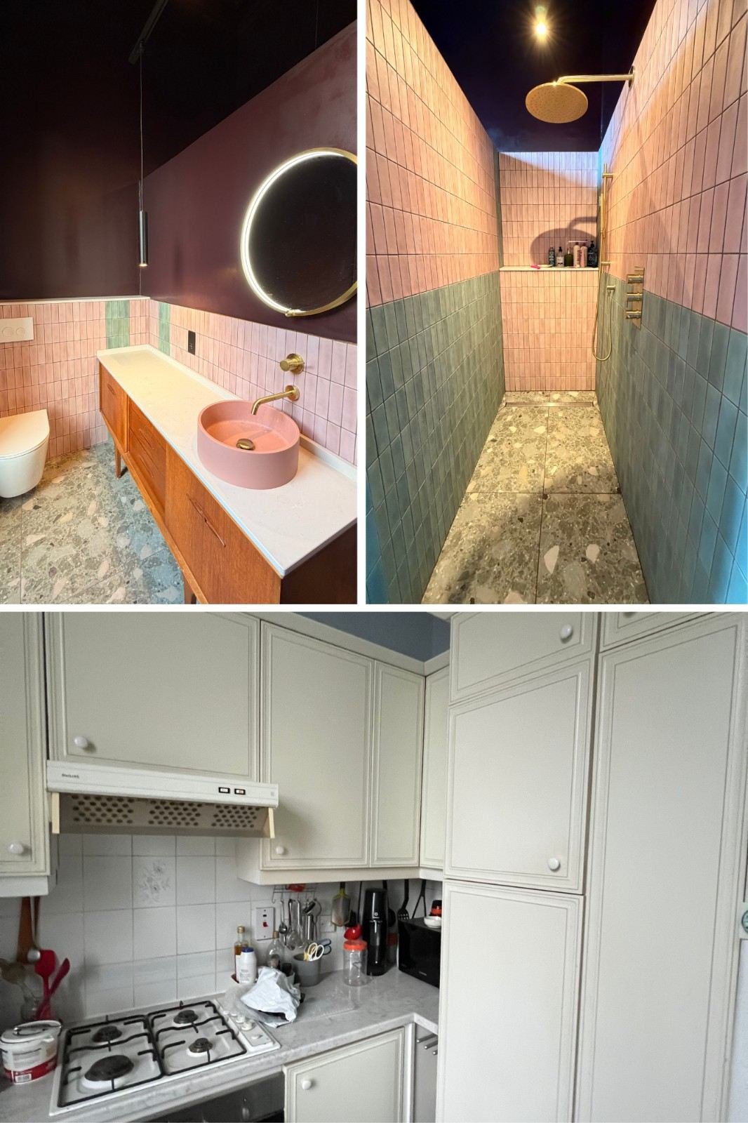 Kitchen converted into a walk-in wet-room shower room, before and after, Greenhill Place, Bruntsfield, Edinburgh