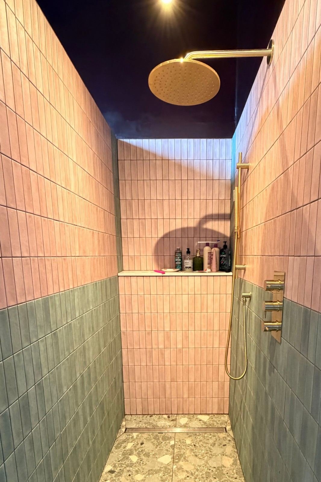 Finished walk-in shower linear drain detail and floor tiling, Greenhill Place, Edinburgh