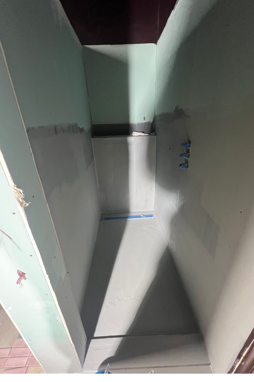 Impey Waterguard wet-room membrane on the shower floor before tiling, Greenhill Place, Edinburgh