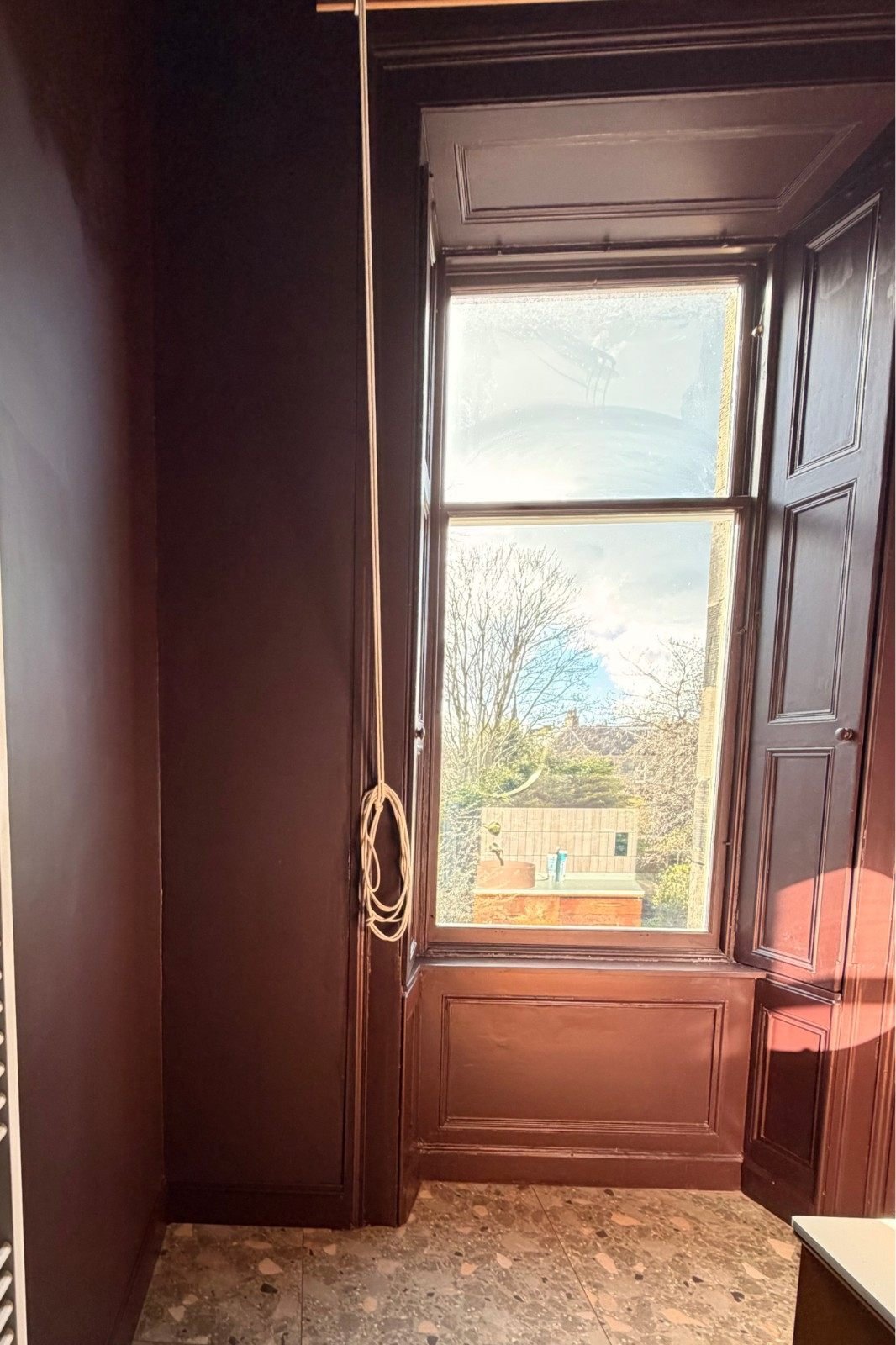 Restored Victorian timber window surround in new shower room, Greenhill Place, Edinburgh